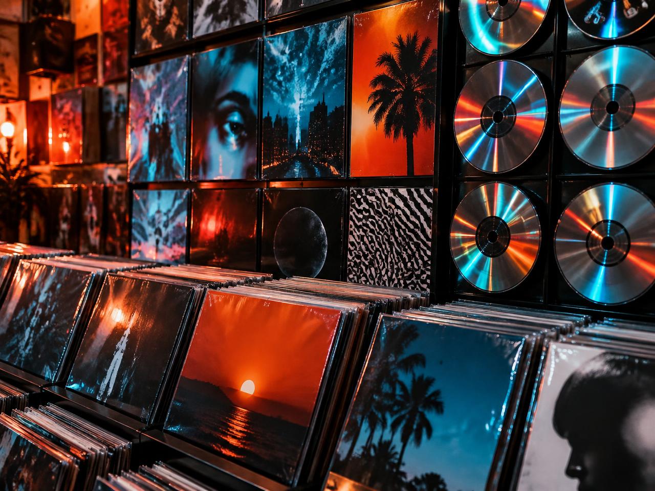 A wall of music artwork